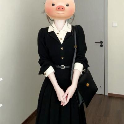 French High-end Black Polo Collar Shirt Dress Children's New Summer Wear Fake Two-piece Long Dress