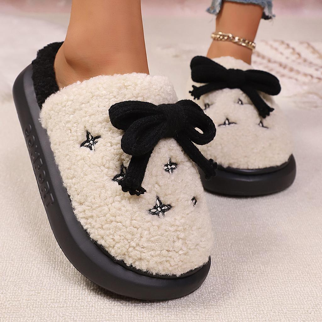 Fashion Sweet Bowknot Furry Comfort Indoor Slippers Women 2025 Winter Soft Non Slip Eva Slippers with Platform Warm Fluffy Fur Shoes