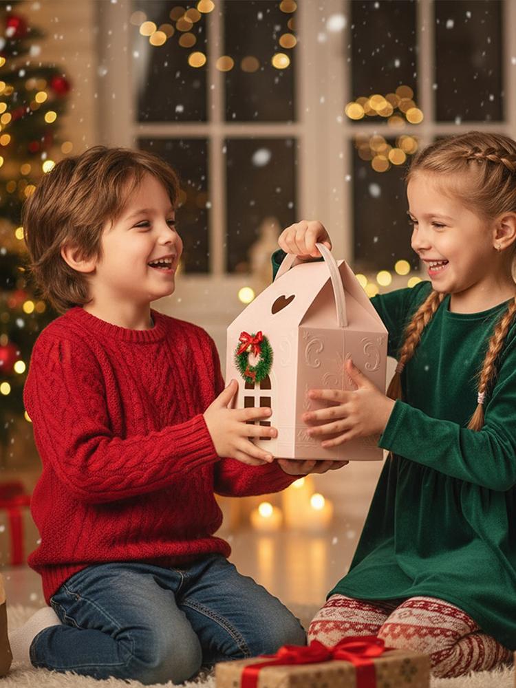 Christmas Cottage Gift Box Christmas Gift Boxes with Handle Paper Treat Boxes for Xmas Holiday Party Treat Goodie Packaging