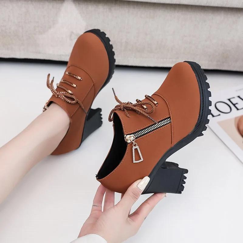 Fashion Women's Retro High Heel Ankle Boots New Square Heel Woman High Boots Female Round Toe Side Zipper Platform Short Booties