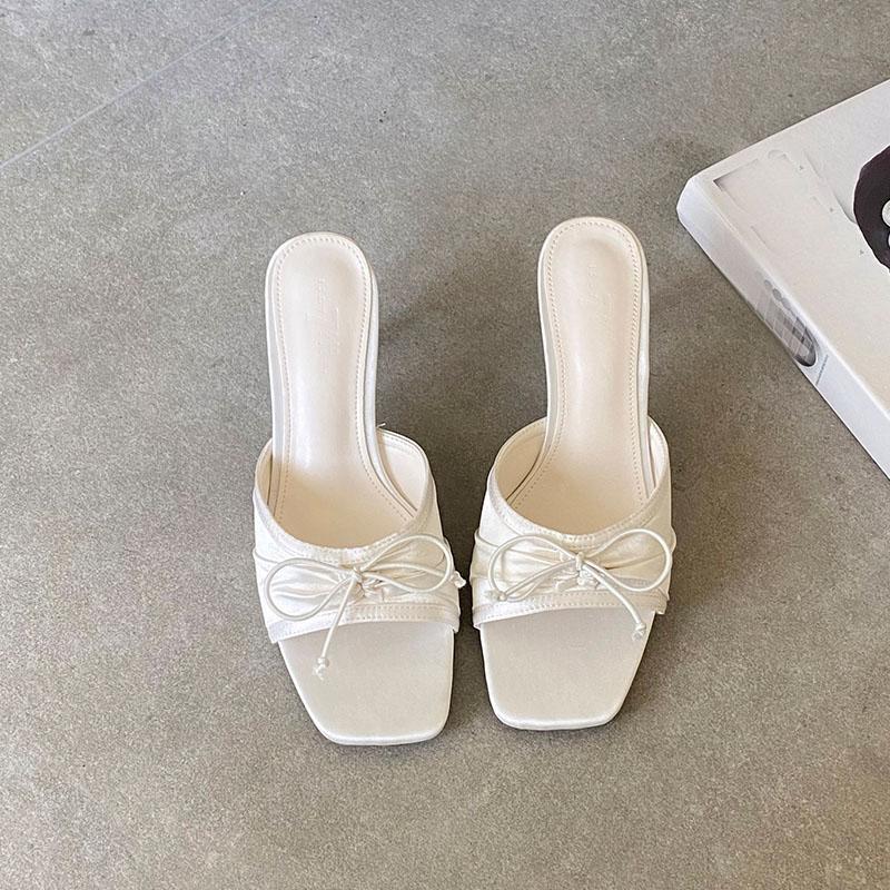 Fashion Elegant Women Pumps Heels Slides Shoes Female Slip On Footwear Square Toe Fashion Butterfly-Knot Ladies High Heels Shoes