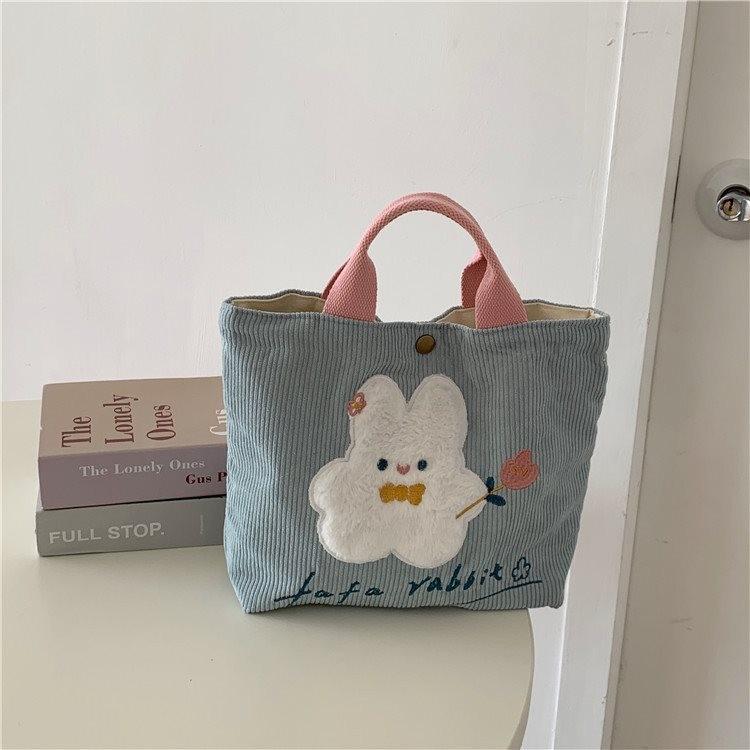 Adorable Cartoon Rabbit Embroidered Canvas Tote Bag Stylish Corduroy Handbag For Women And Students