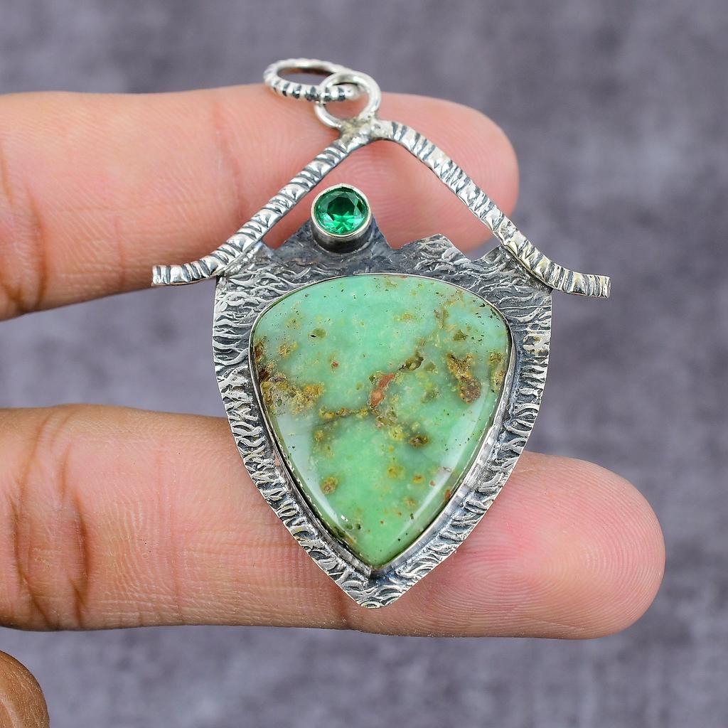 Chrysoprase, Diopside Handmade 925 Sterling Silver Pendant 2.25" q2Q46