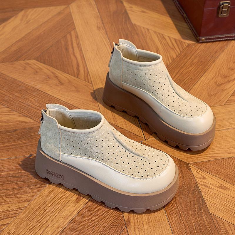 

2025 summer hollowed out new women s breathable leather outer wear thick bottom to increase height and comfort Korean version of the versatile tide 34 абрикосовый