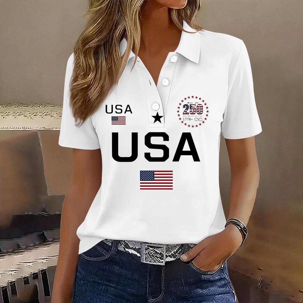 Damen Casual Kurzarm Knopf-Polohemd USA-Aufdruck 250. Jubiläum Grafik Leichtes Sommeroberteil