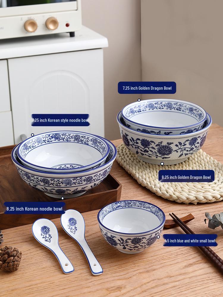 Seven-Inch Blue and White Chinese Porcelain Noodle Bowl - Anti-Scalding, Thickened Ceramic for Beef or Cold Noodles