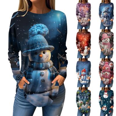 Women's Loose Round Neck Christmas  Printed Long Sleeved T Shirt Top Pullover Long Sleeved Sweatshirt