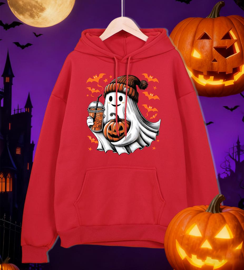 Happy Halloween Iced Drinks Ghost Design Men Hoody Autumn Hip Hop Pullover All-Match Oversized Hoodie Fleece Pocket Sportswear
