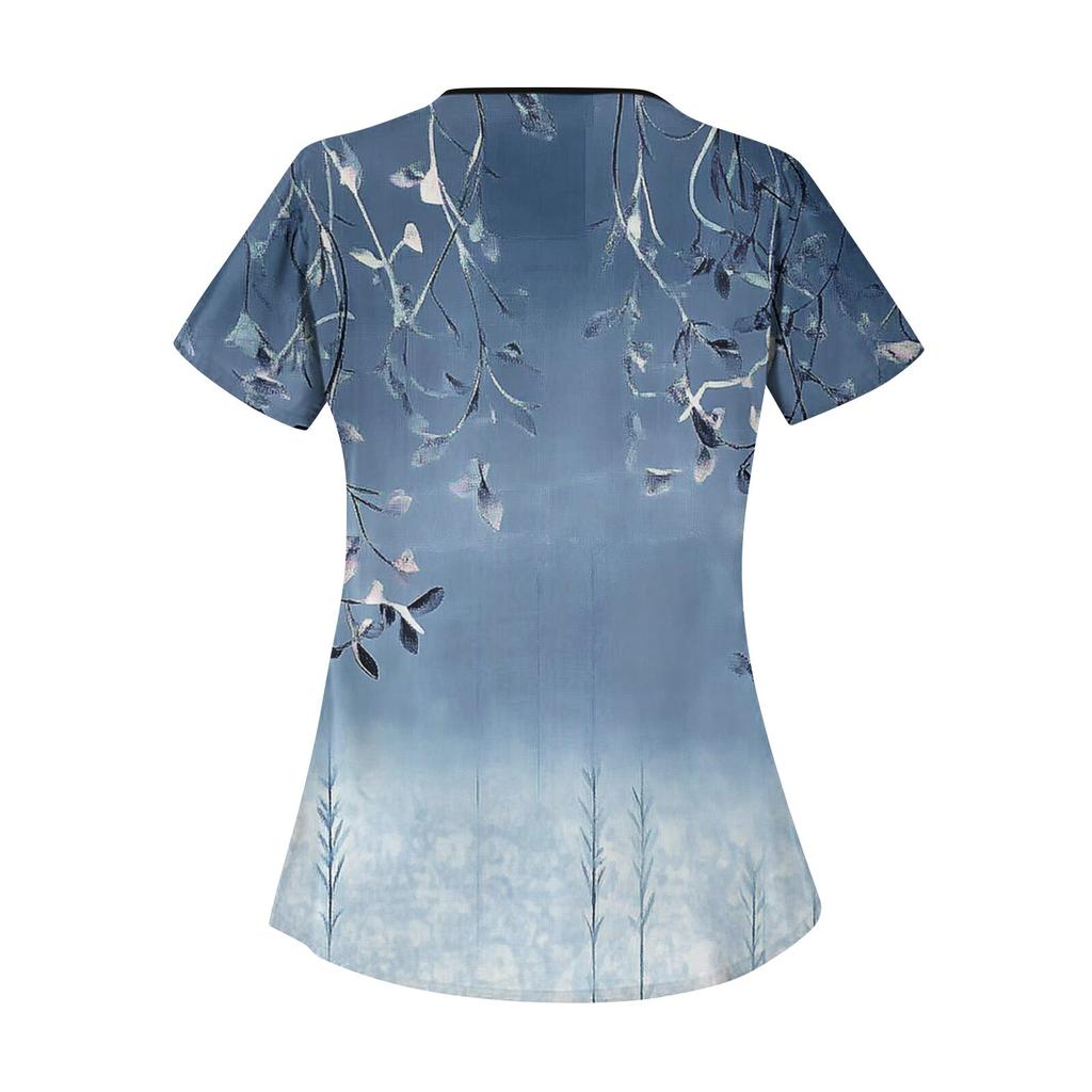 Lässig bedrucktes, kurzärmliges Workwear-Oberteil für Damen mit schrägem Kragen und Doppeltaschen