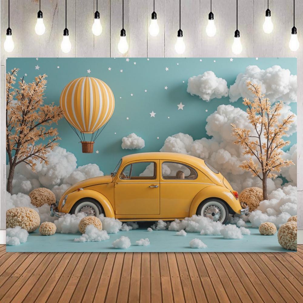 Cute Doll Bear Theme Backdrop Blue Sky Soft Cloud Hot Air Balloon Newborn Baby Shower Birthday Party Decor Photo Background18