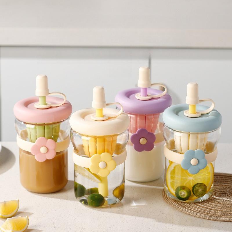 Flower Cup High Aesthetic Glass Portable Straw Cup Water Cup