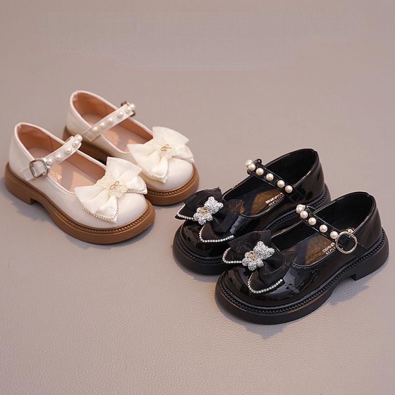 Children Leather Shoes for Girl Glossy Simple School Versatile Shoes Kid Non-slip Thick Soled Fashion Black Bear Mary Jane Shoes