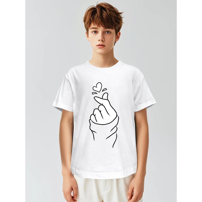 Boys Crew Neck Short Sleeve T-Shirt with White Heart Hand Gesture Print 110 белый