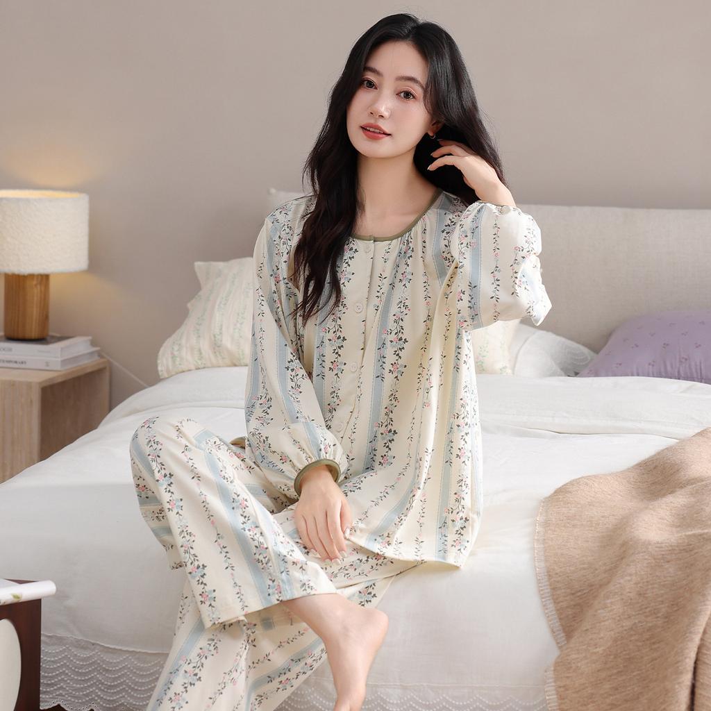 Pajamas women's spring and autumn pure cotton long-sleeved chest pad middle-aged mother autumn 1011 new anti-bumping loungewear