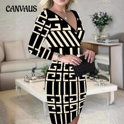 Slim Dress Autumn Women's V-neck Plaid Drawstring Package Hip Sexy Dress
