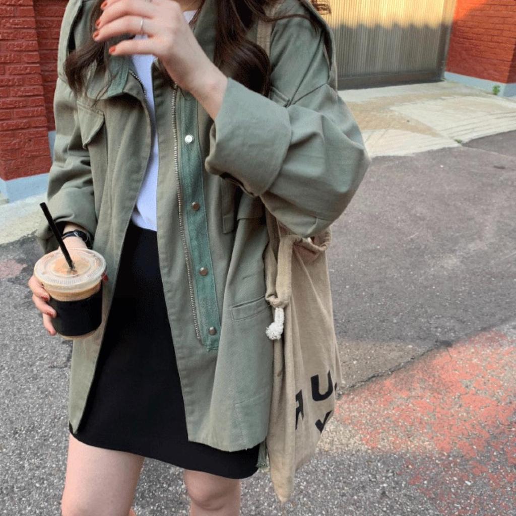 Korean Green Workwear Windbreaker: Women's Retro Petite Spring-Autumn Casual Short Loose Jacket