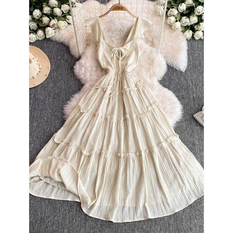 Bohemia Seaside Holiday Beach Skirt with Wooden Ear Patchwork A- line Dress Fancy Square Collar Lace up Dress