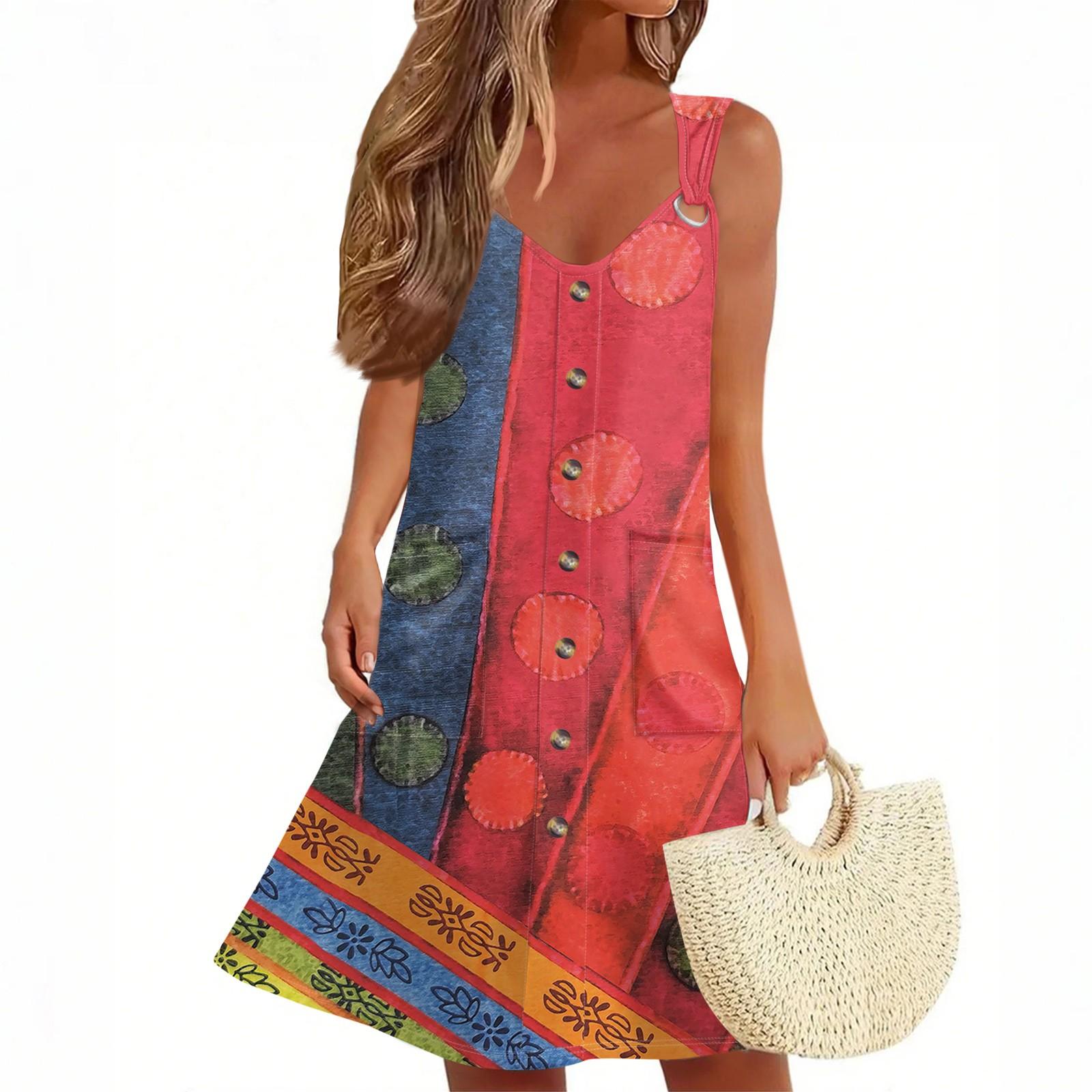 

Женское летнее платье с карманом без рукавов сарафан с цветным блоком и принтом в стиле пэчворк XL арбуз красный