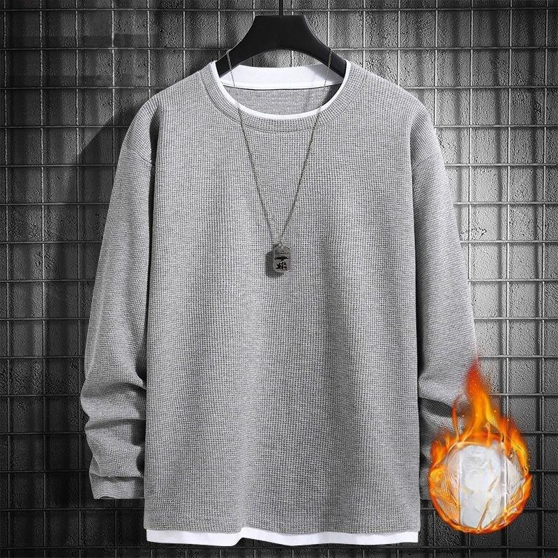 Loose Round Neck Inner Bottoming Shirt Trendy Men'S Waffle Fake Two Long-Sleeved T-Shirt Autumn And Winter Sweater