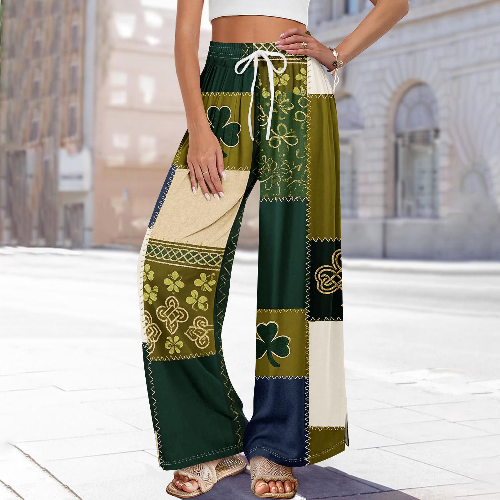 

Женские летние брюки-палаццо в стиле бохо с высокой талией, широкие повседневные брюки с принтом и карманами M хаки