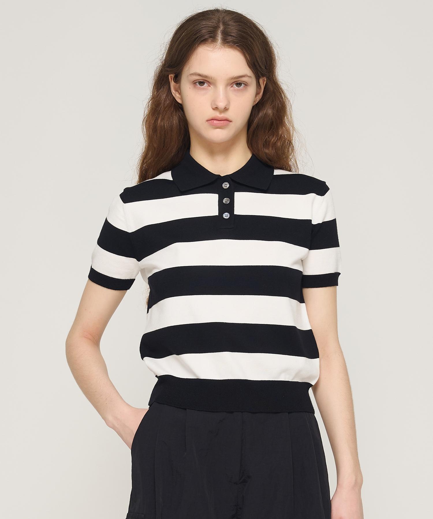 Striped Collar Short Sleeve Knit (Black) Free