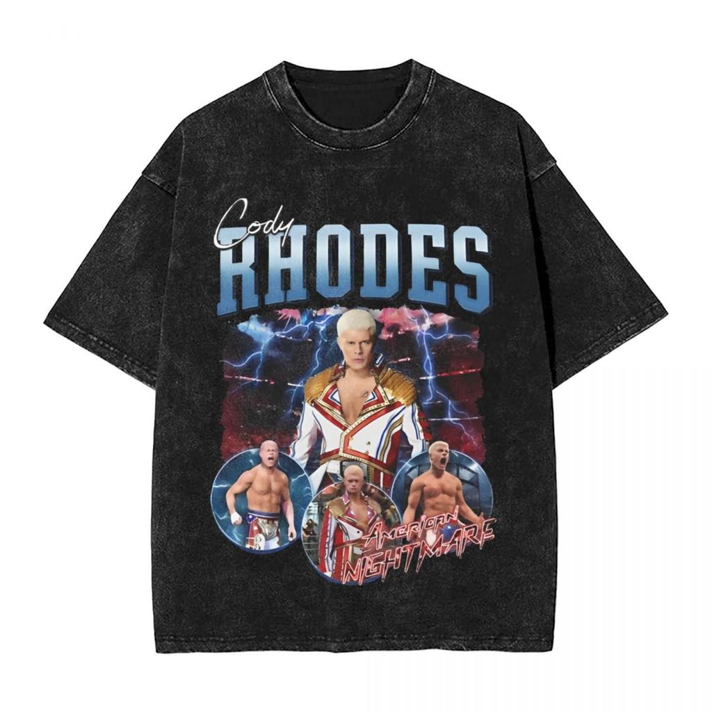 Retro Cody Rhodes Vintage Washed Tshirt Men Cotton Tops Shirts Retro Crewneck Short Sleeve