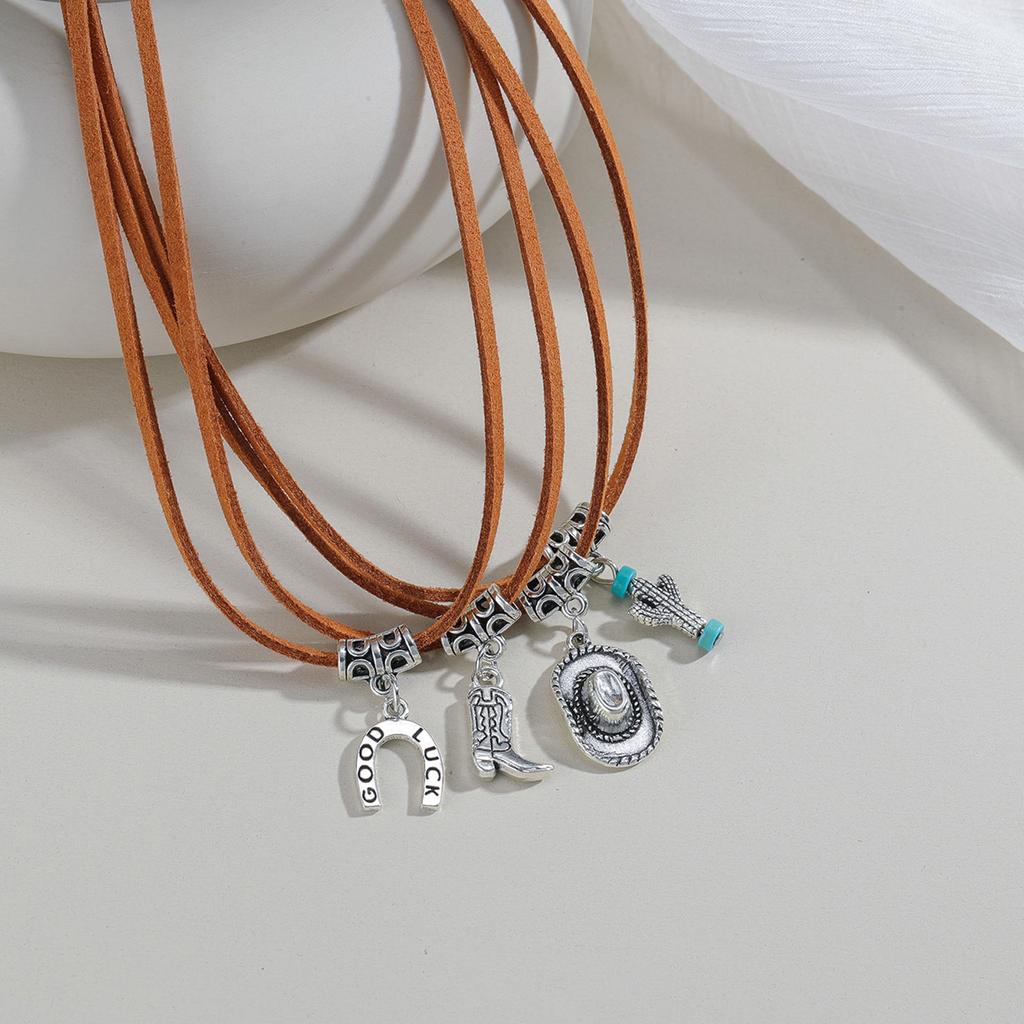 Vintage Western Style Multi Layer Pendant Necklace for Women and Girls in Brown Leather with Sophisticated Accents