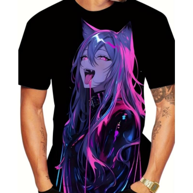 Men's Anime Print T-Shirt - Anime Character Print Crew Neck Short Sleeve Shirt, Machine Washable, Suitable for Anime Apparel and Party Outfits