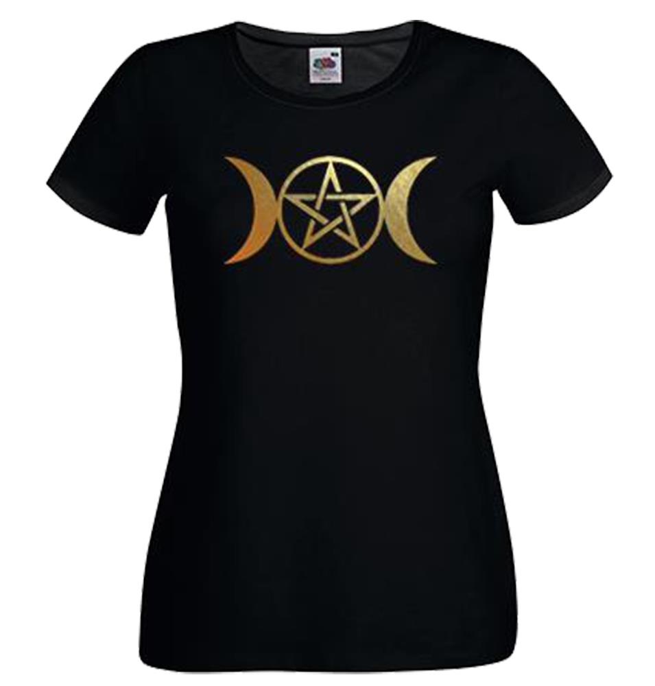 Unisexs Triple Moon Goddess Pagan Pentacle Wicca Deity Lady Fit Black TShirt 2XL