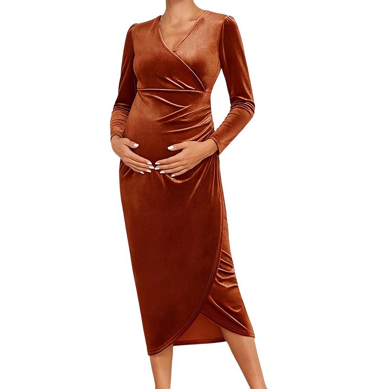 

European & American Velvet V-Neck Maternity Dress: Brown, Waist-Cinching, Mid-Length, High-Stretch Support, Elegant Banquet Style XL кофейный