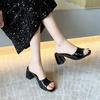 Summer new casual thick heel middle heel fashion one-character sandals women's shoes wear square toe women's slippers
