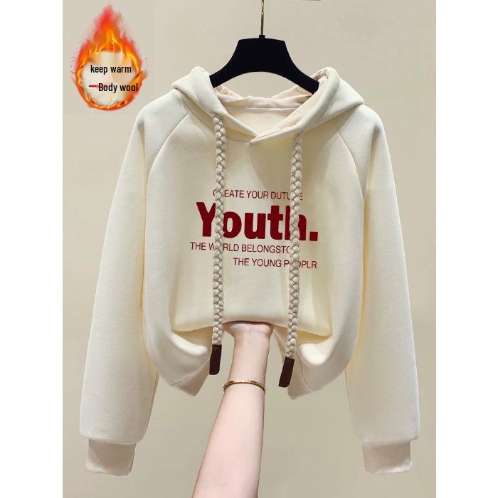 

Women s Green Hooded Sweatshirt - Fashionable, Chic, and Cozy Plus Velvet, Loose Fit for Autumn and Winter. XXL абрикосовий