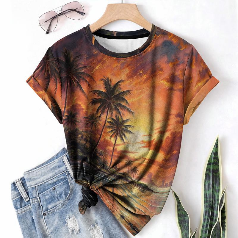Casual Sports Women's T-shirt Round Neck Short Sleeved Plant Brown Paulownia Tree Breathable Lightweight Shirt