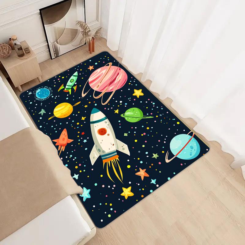 Cartoon Space & Rocket Print Area Rug, Non-Slip Play Mat for Kids Bedroom, Playroom, Nursing & Home Decor