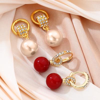 Exquisite French Vintage Red Gemstone Pearl Earrings with Retro Rhinestone Inlaid, Elegant and Charming Ear Clips for Women