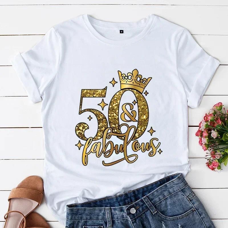 50 and Fabulous Tshirts 50th Birthday Funny Women T Shirts Hip Hop Vintage Tee Clothes Creativity Tops Womans Short Sleeve Tees