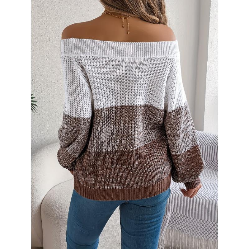 Off the Shoulder Striped Color Block Pullover Sweater - Acrylic Knit Lantern Sleeve Casual Vacation Top for Fall/Winter