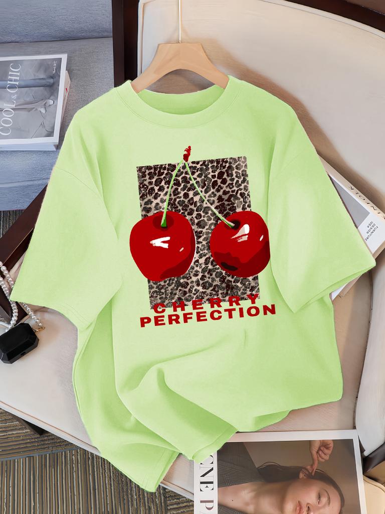Fashion Leopard And Cherry Perfection Pattern T Shirt Women Summer Soft Tops Cotton All-Match Short Sleeve O-Neck Loose T-Shirts
