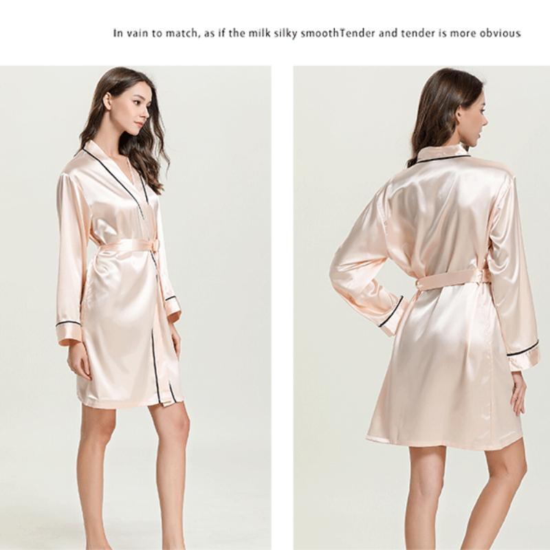 Husholdningspysjamas for kvinner Dameimitasjon i silkepysjamas V-hals pyjamas Badekåpe Husholdningsklær