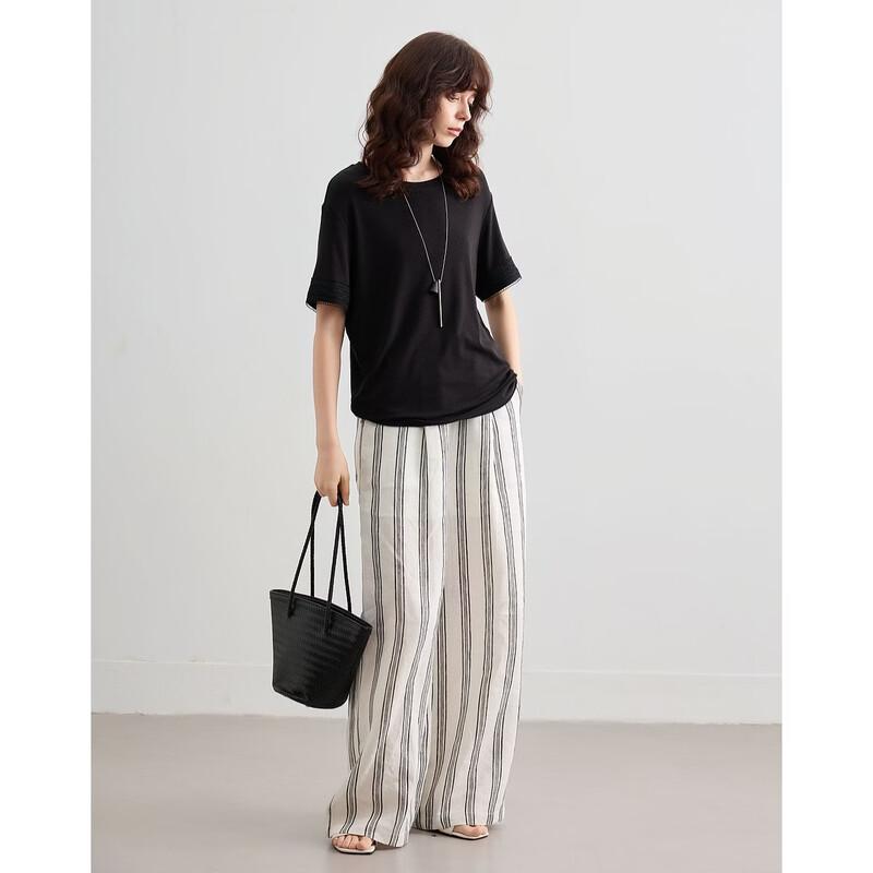 Women's Elegant Wool Blend Short-Sleeve Tee with Lace Trim