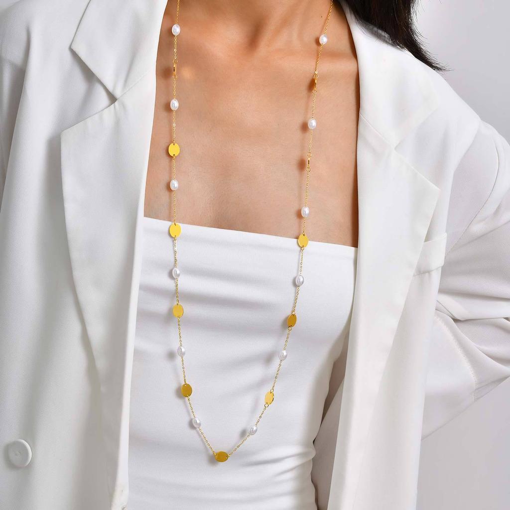 Ladies Stainless Steel Imitation Pearl Oval Brand Can Be Stacked Necklace, Long With Chain Autumn And Winter Sweater Chain Nc-2499