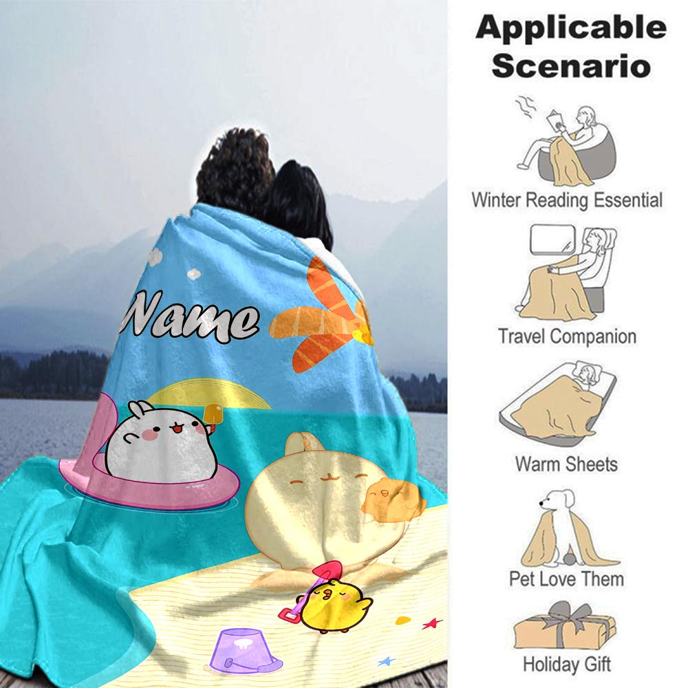 Customiz Name Personality Molang Blanket Soft &Warm Sofa Office Bed Travel Lunch Break Blanket, Gift Suitable All Seasons