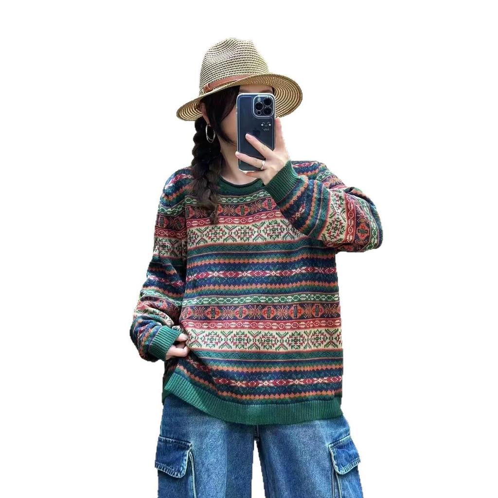 Women's Korean Style Jacquard Sweater: Loose Casual Round Neck Knit Pullover for Autumn/Winter