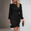 Minišaty s rozšířeným dlouhým rukávem, výstřih, jednobarevný, nepravidelný volánkový lem, kancelářská dáma, ležérní, krátké šaty