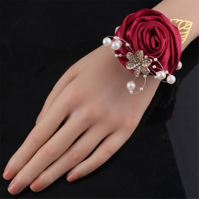 Satined Rose Pearls Design Wrist Corsage Wedding Wrist Flower Bride Wrist Accessory for Formal Occasion and Ceremonies