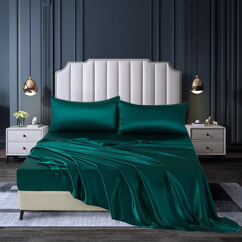 Summer Satin Silk-like Bed Sheet Set (Flat Sheet + Fitted Sheet + Pillowcase) Solid Color Mattress Cover Twin Full Queen Size
