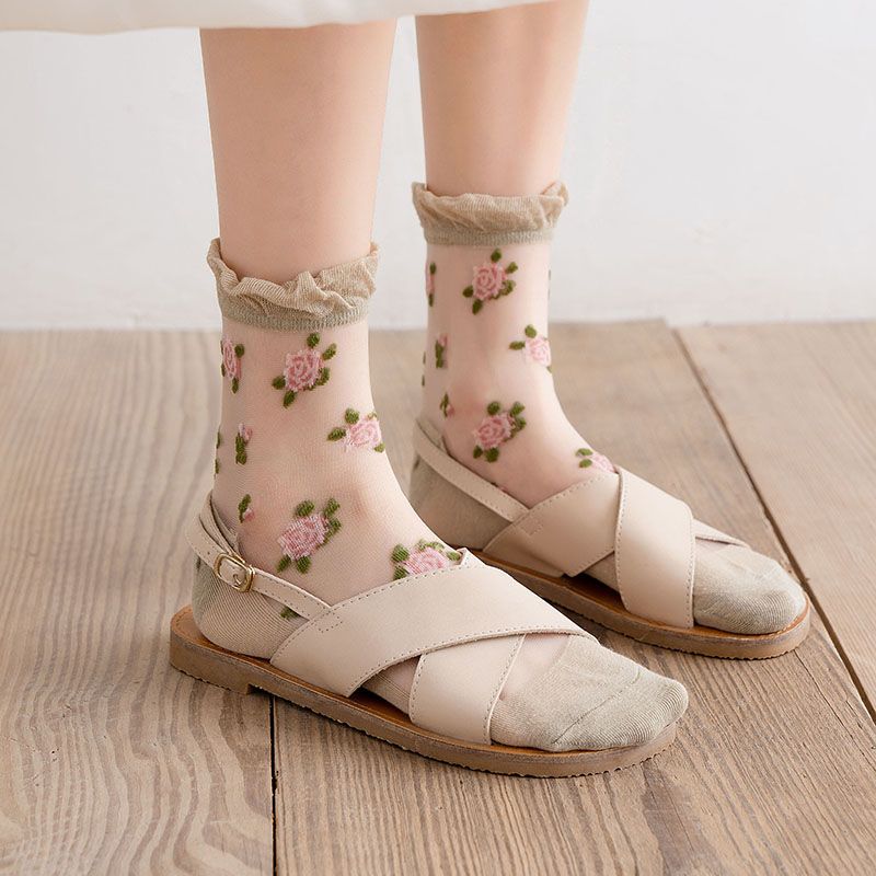 3 Pairs of Summer Socks for Women Thin Rose Style Sexy Black Stockings JK Lolita Lace Socks