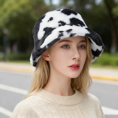 Faux Fur Fisherman Bucket Hat Milk Cow Pattern Warm Cozy Fluffy Bucket Hat Christmas Thanksgiving Headwear