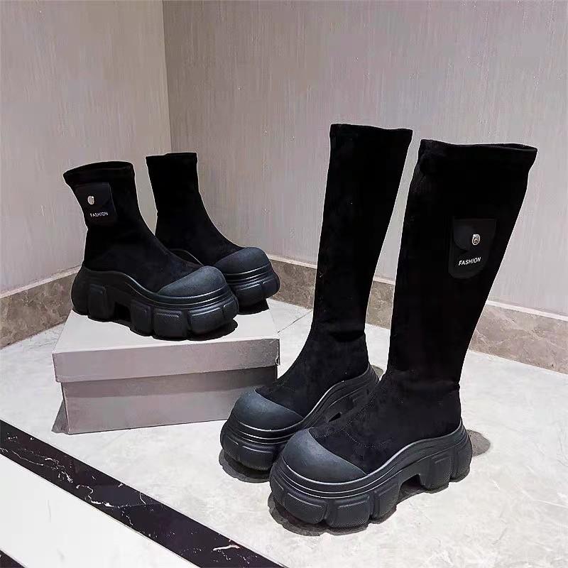 Women Elastic Socks Boots Ladies Thick-Soled Stovepipe Boots Flat Knee Stretch Boots Ladies Sports Leisure Slim Boots