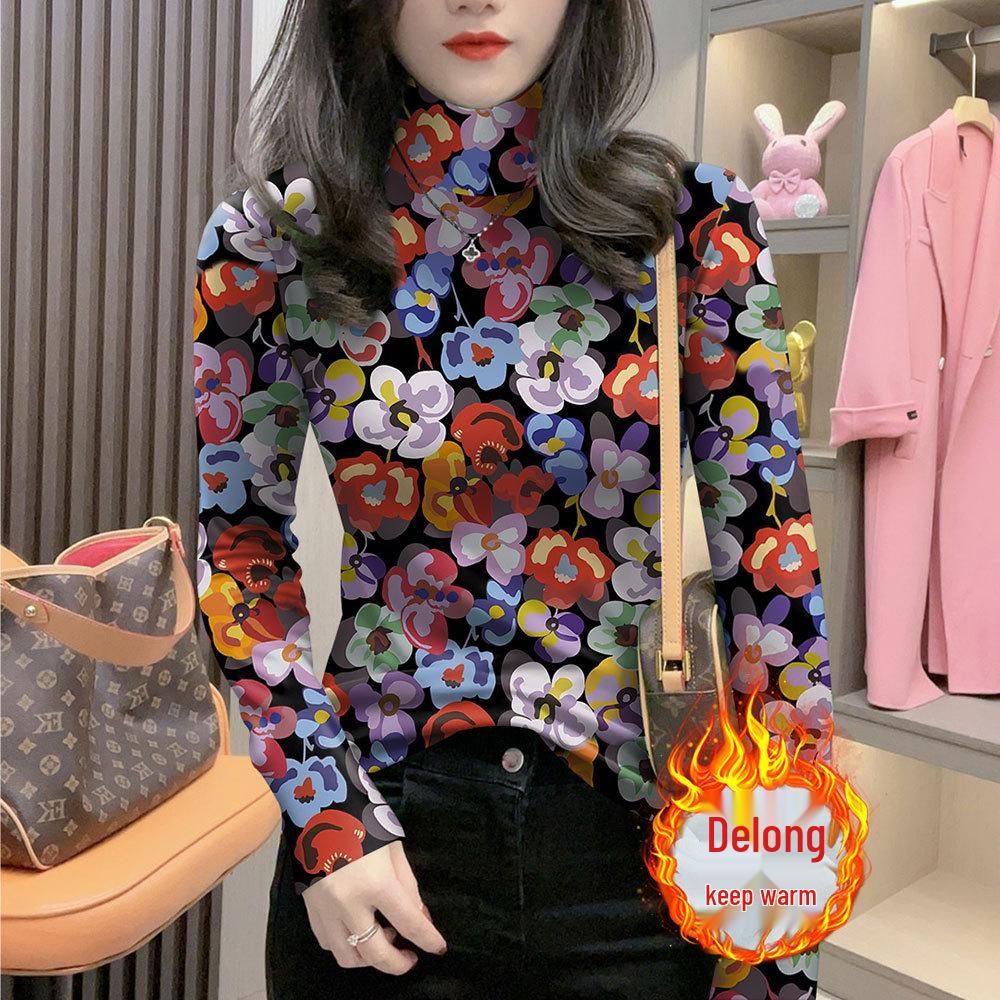 

Plus Size High Neck Ribbed Floral Base Layer Long Sleeve T-shirt for Middle-aged and Elderly - Bestseller Autumn/Winter Warm Top XL (105-120 jin)